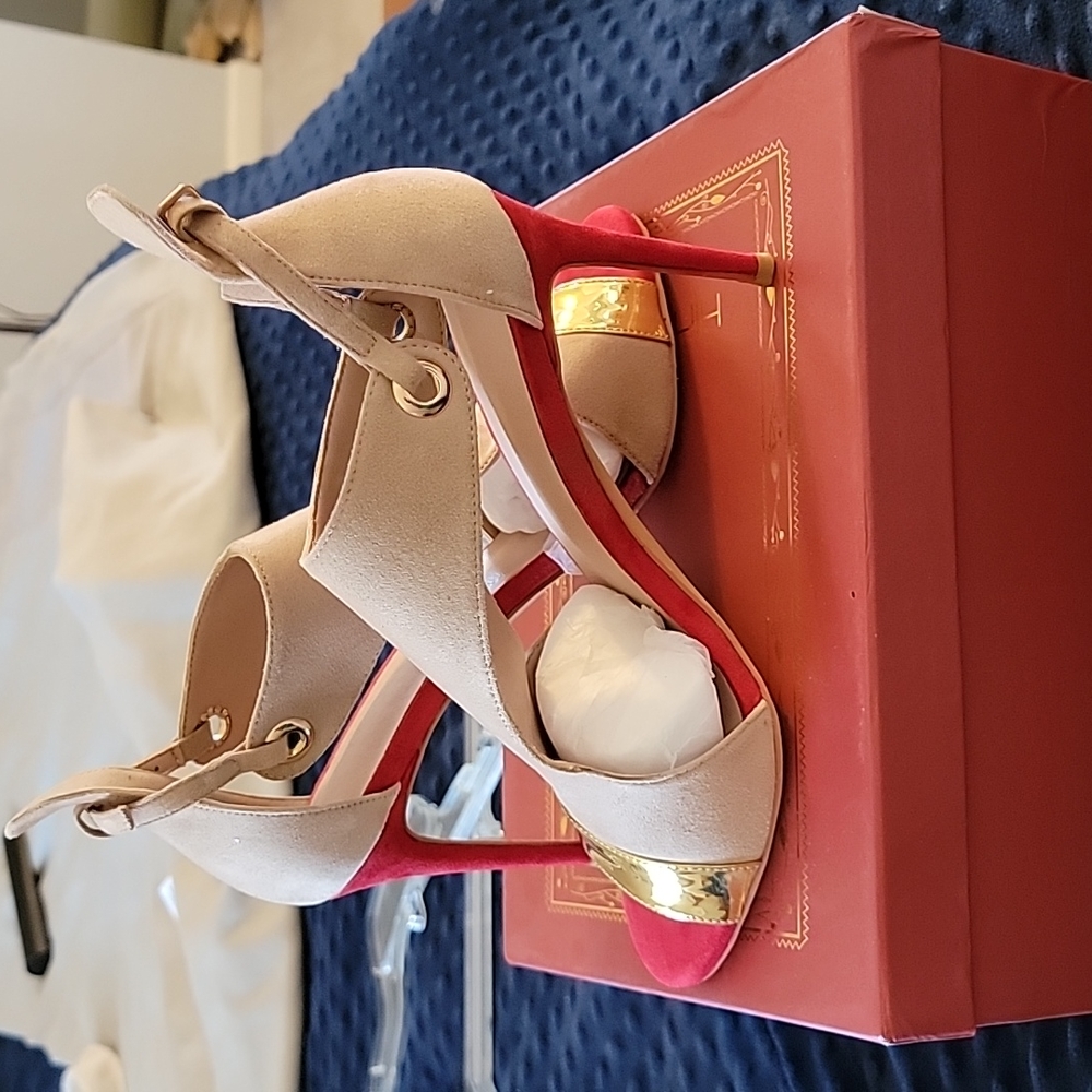 Red and Beige open toe heels
